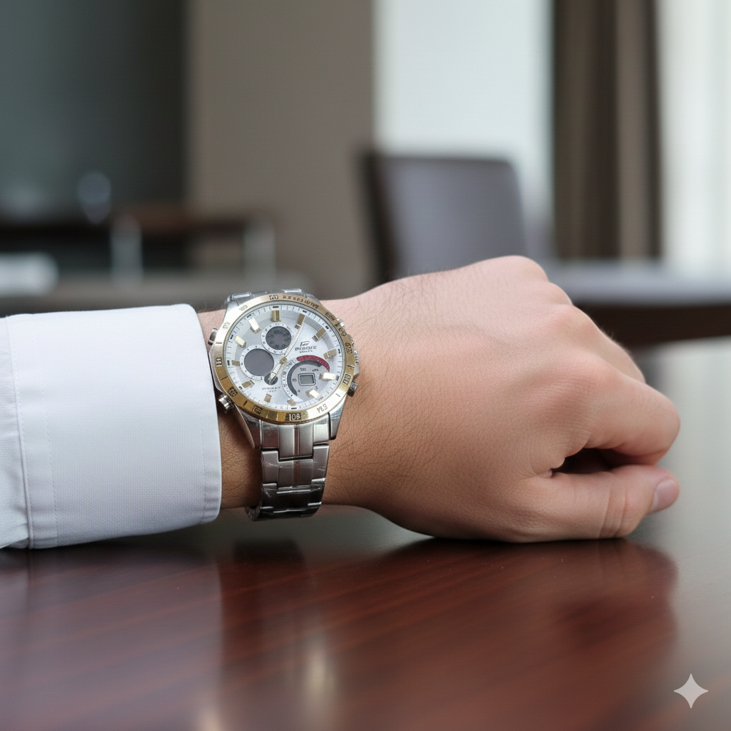 Montre Chronographe Casio Edifice Homme Bicolore – Cadran Blanc, Acier Inoxydable et Lunette Dorée, Modèle EFR-560