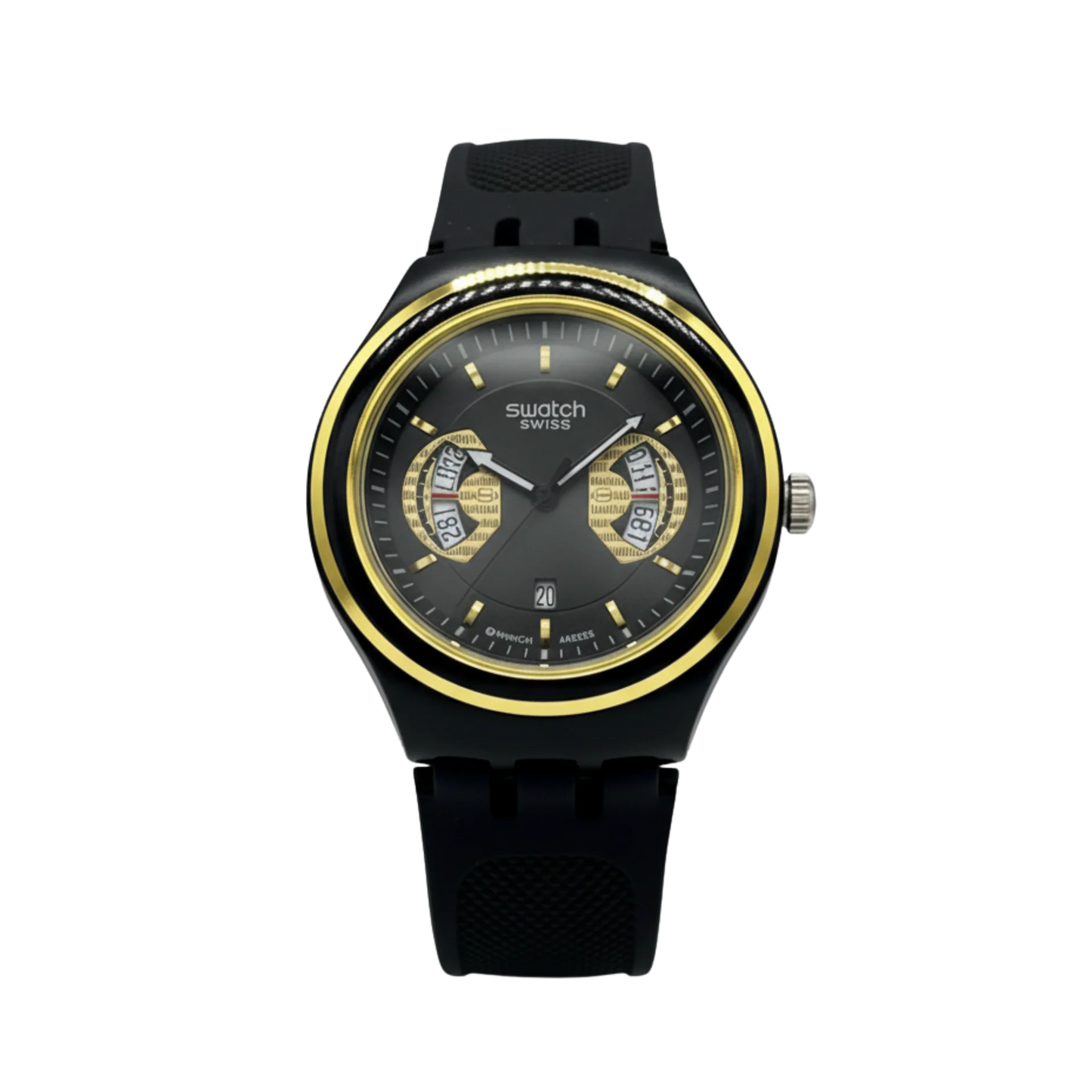 Montre Swatch Chronographe Noire et Or - Design Bicolore Élégant