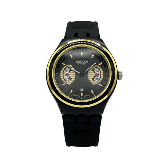 Montre Swatch Chronographe Noire et Or - Design Bicolore Élégant