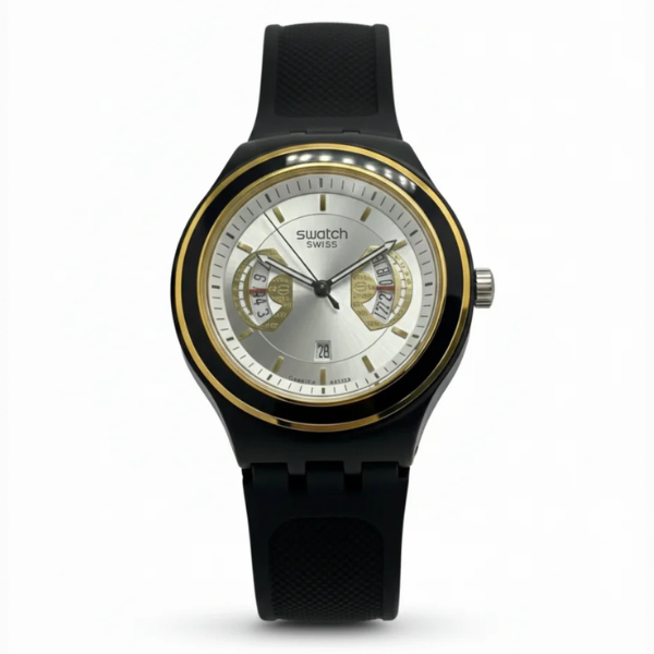 Montre Swatch Irony Swiss – Élégance noire & détails dorés
