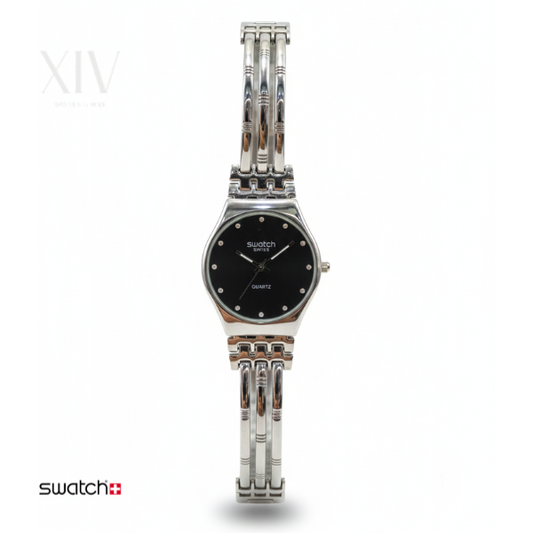 swatch Montre Bangle Acier Inoxydable et Cadran Noir (Black Dial & Silver Bangle Watch)