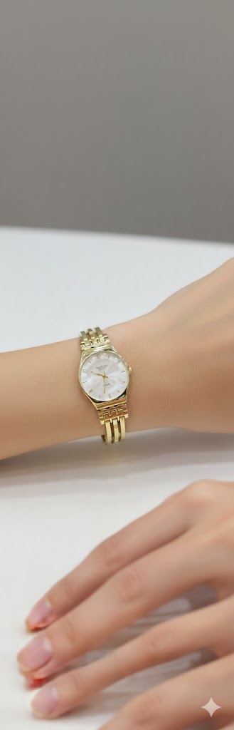 Swatch Or Jaune & Nacre: Montre Bangle Luxe avec Cadran Mère-Perle